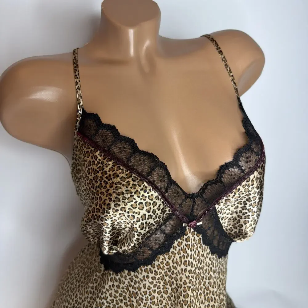 Vintage 80s Lingerie Slip Dress Womens M Leopard Print Lace Satin Coquette Fairy